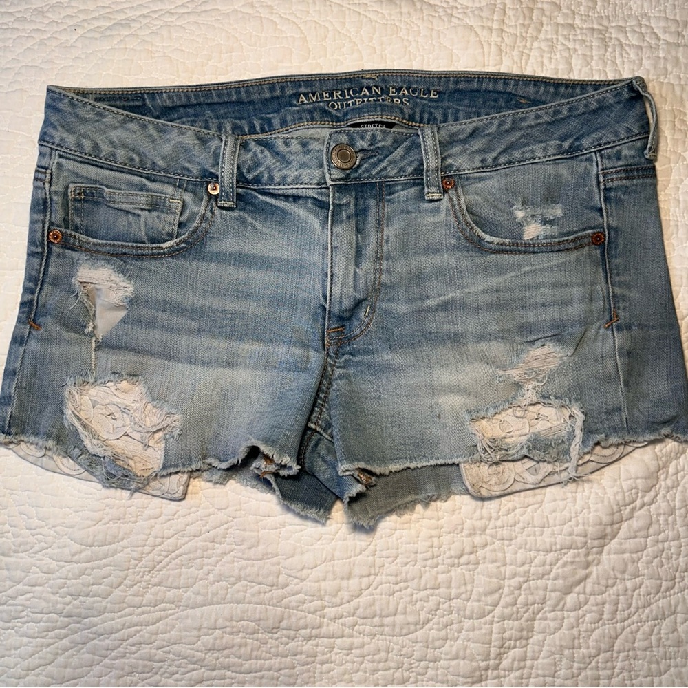 American Eagle Outfitters Light Blue Distressed Jean Shorts